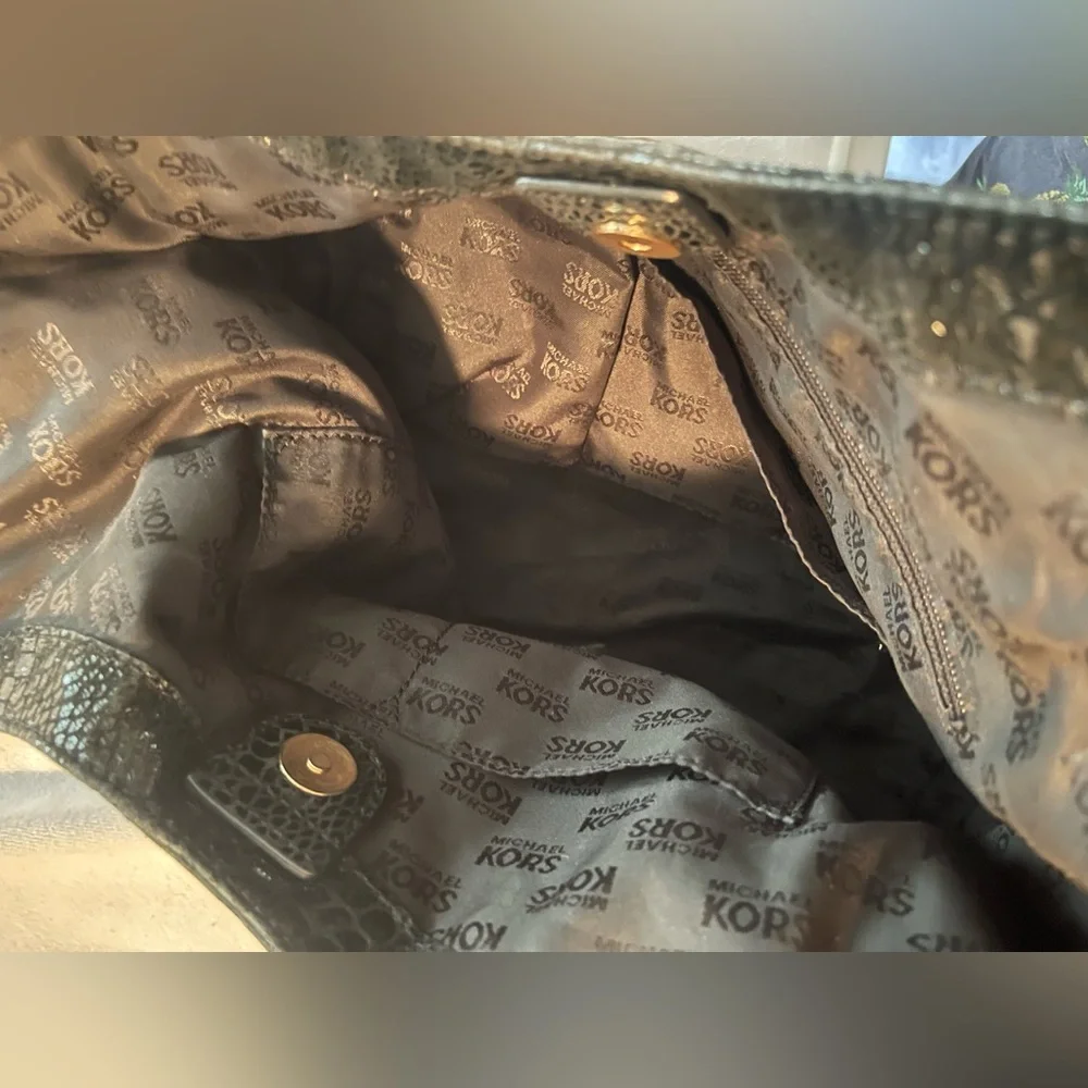 MICHAEL Michael Kors Black Snake-Embossed Leather Hobo with Gold Hardware